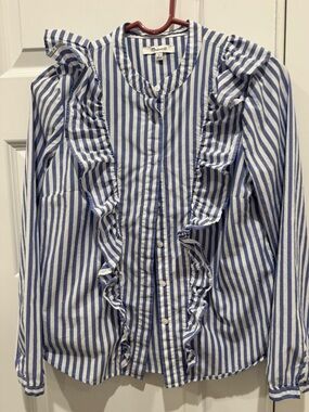Madewell Whitney Blue and White Striped Ruffle Button-Front Blouse Size Small